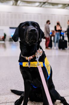 Black Labrador Retriever service dog sitting in an airport terminal, wearing a Canine Companion vest.